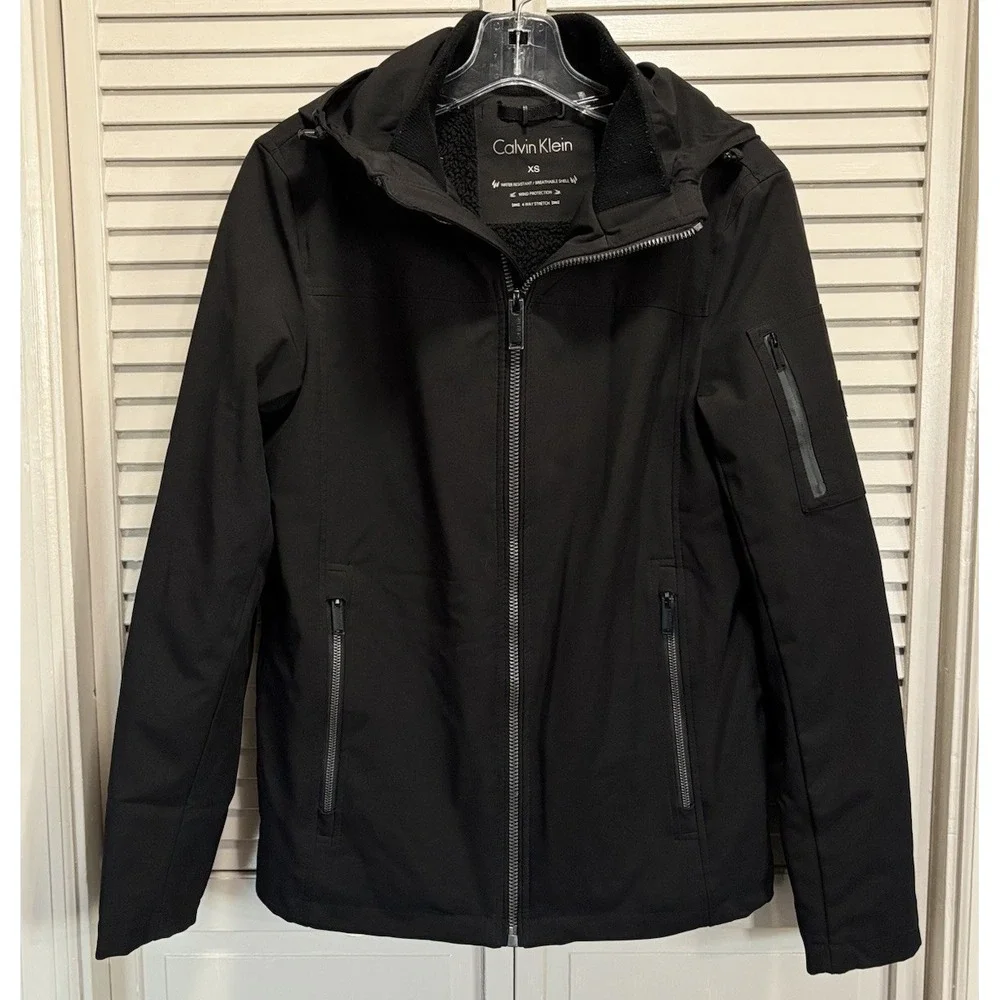 Calvin Klein Faux Fur Hood Jacket Zip Up Size Sm Pockets Lined Water Resistant